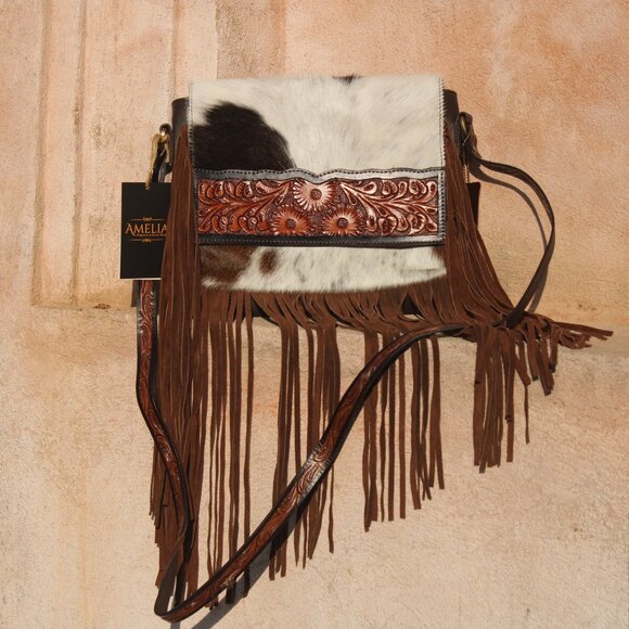 Ladies Hand Tooled Bag with Fringes, Hair On Leather Bag - Picture 4 of 10